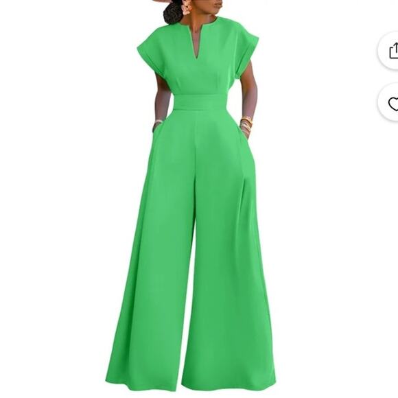 NWT ~ Bright Green High Waist Wide Leg V-Neck Romper Jumpsuit ~ Women's SMALL - Picture 1 of 7